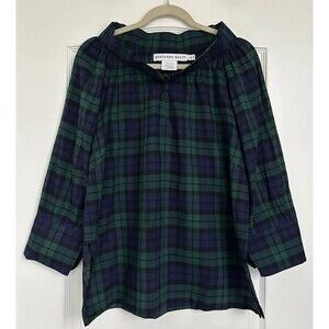 Gretchen Scott Blouse Womens Sz Large Blue Green Plaid Peasant 3/4 Sleeve Cotton